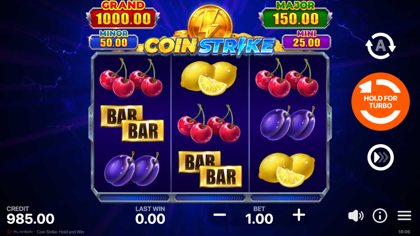 Coin Strike Hold and Win - 3x3 base grid with cherries, bars, plums and lemons under Grand and Major jackpot ladder