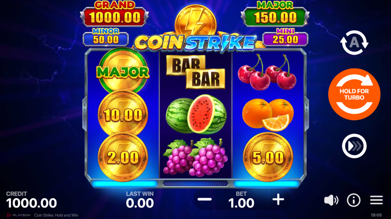 Coin Strike Hold and Win - Coin Strike feature symbols on reel 1 showing cash values 10.00 and 2.00 plus a MAJOR sticker