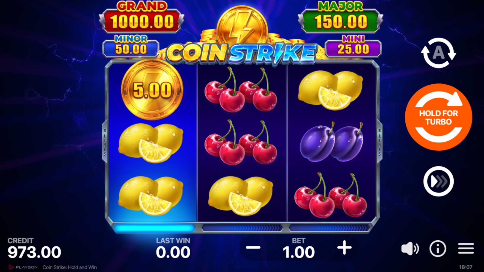 Coin Strike Hold and Win - single bonus coin with 5.00 cash value on reel 1 in base game alongside cherries, lemons and plums