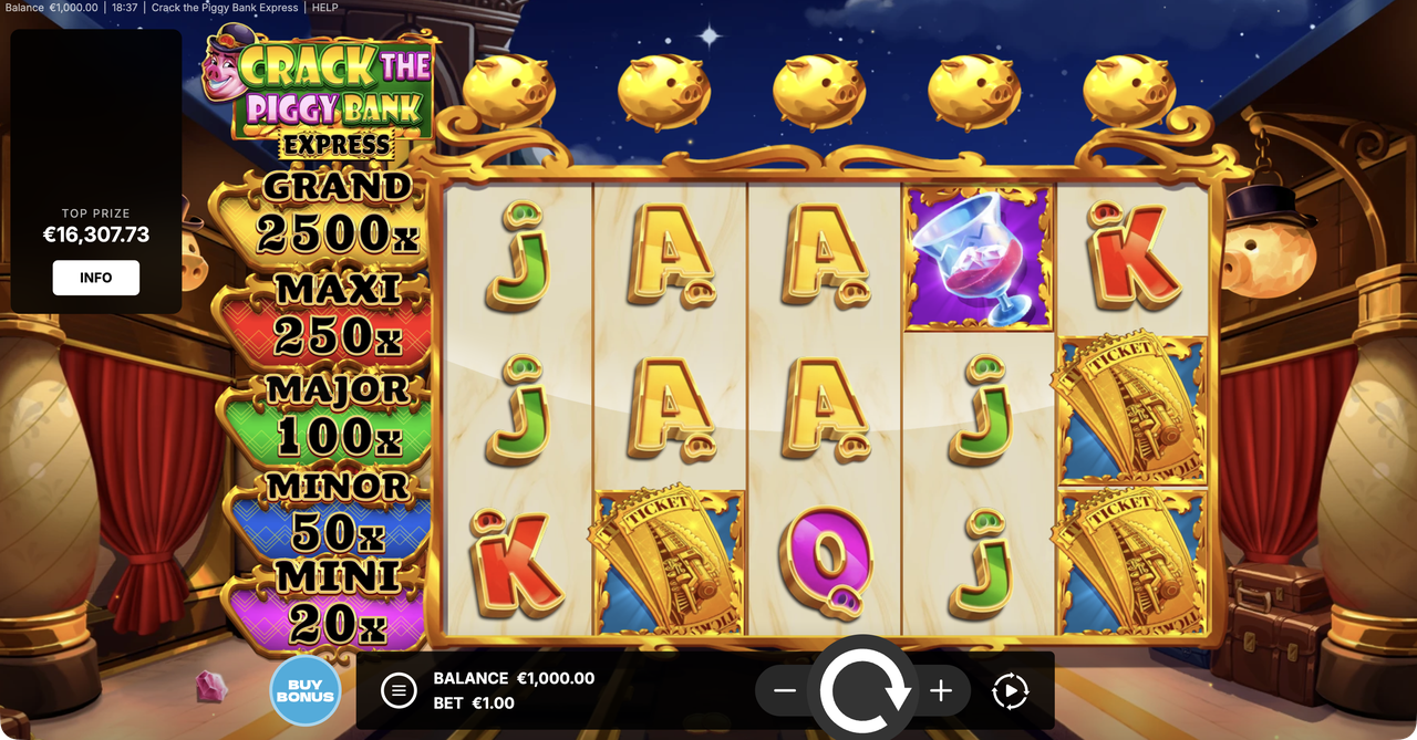 The base five-reel grid with the full jackpot ladder, Mini through Grand, beside the reels.