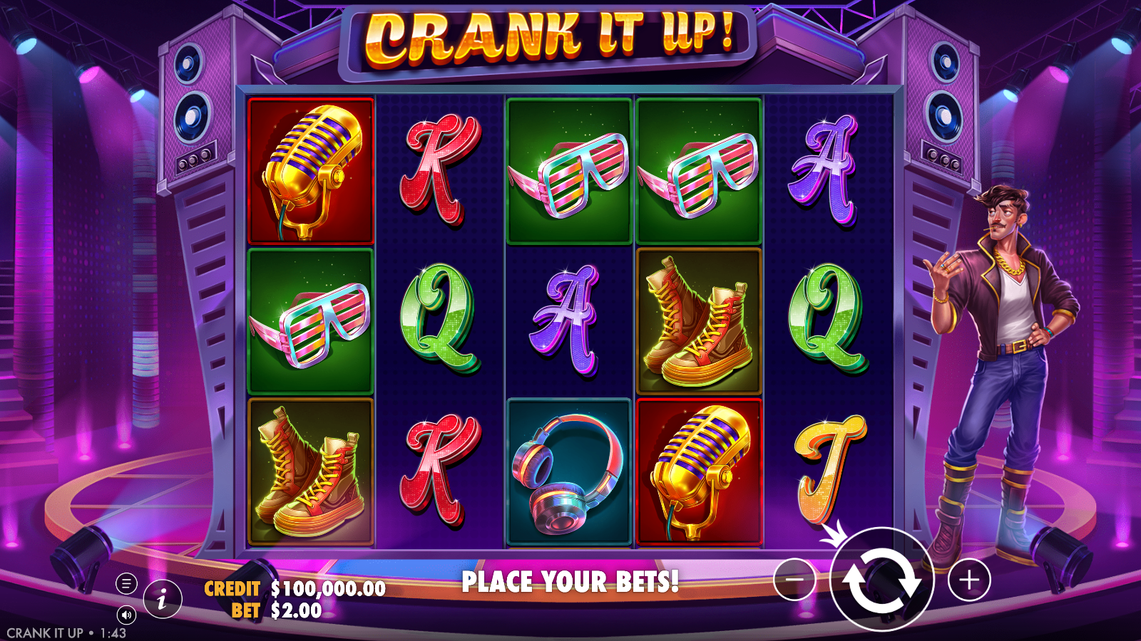 Crank It Up base game 5x3 grid with 20 fixed paylines