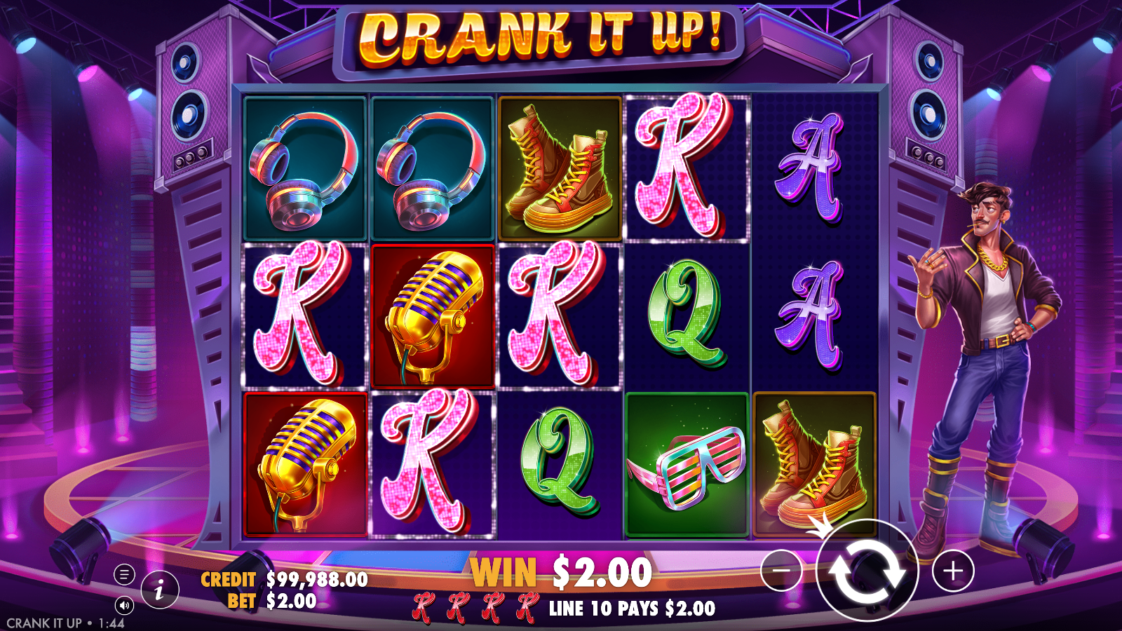 Crank It Up base game line win with four matching K symbols highlighted