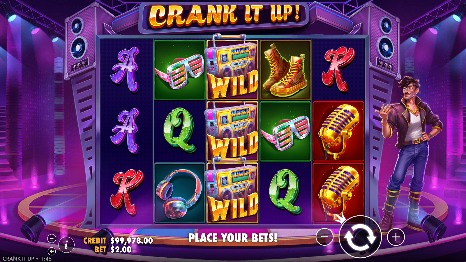 A full reel of three stacked Boombox wild symbols in Crank It Up