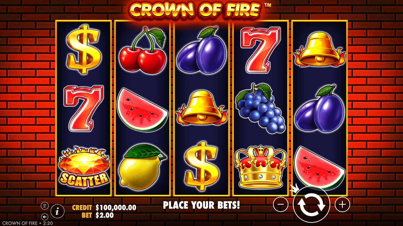 Crown of Fire base game 5x3 grid with 10 fixed paylines showing fruit symbols, bells and the Crown wild