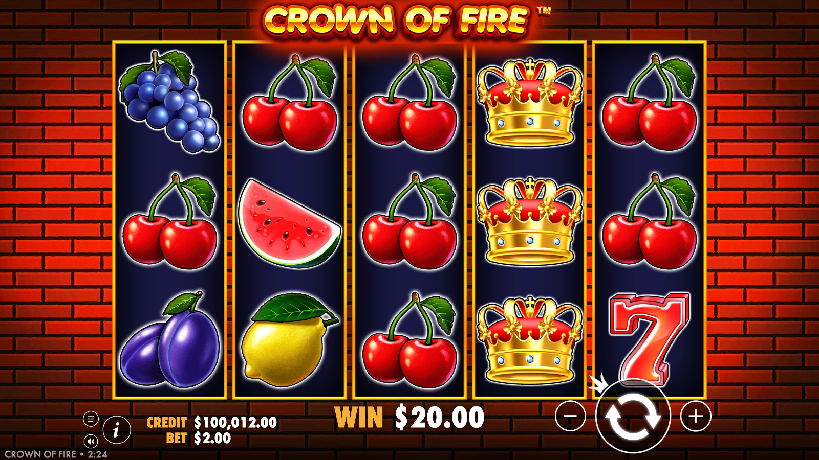 Crown of Fire expanding Crown wild filling a full reel of stacked crowns during a win