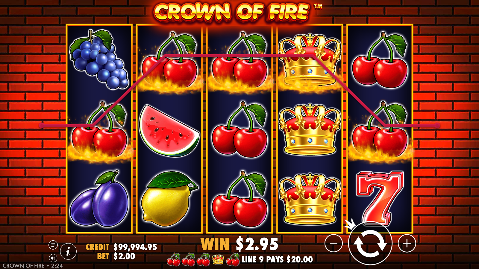 Crown of Fire winning payline lit with fire, with the Crown wild substituting for cherries along the line