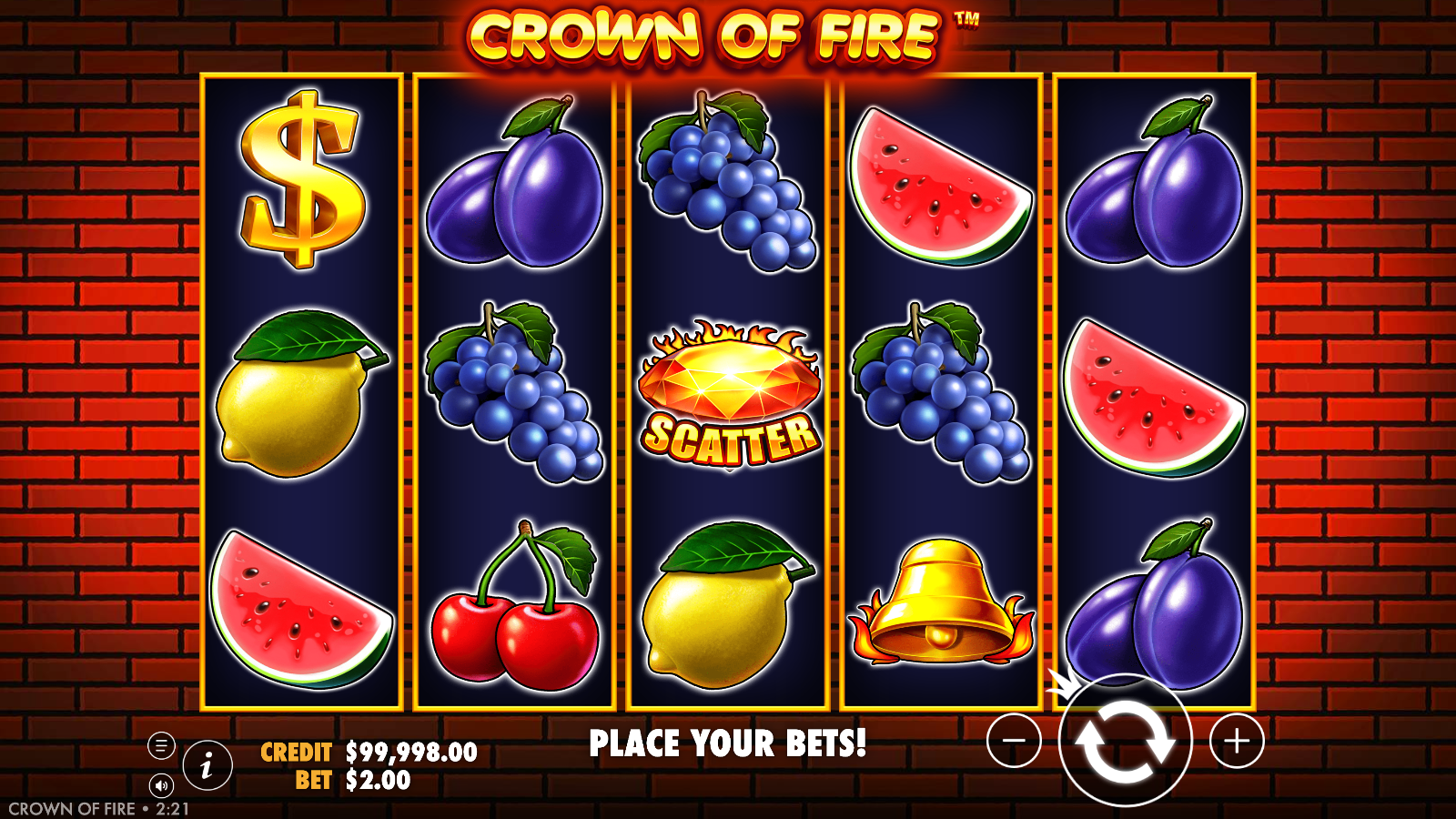 Crown of Fire Diamond scatter symbol landed on the centre reel of the fruit-machine grid