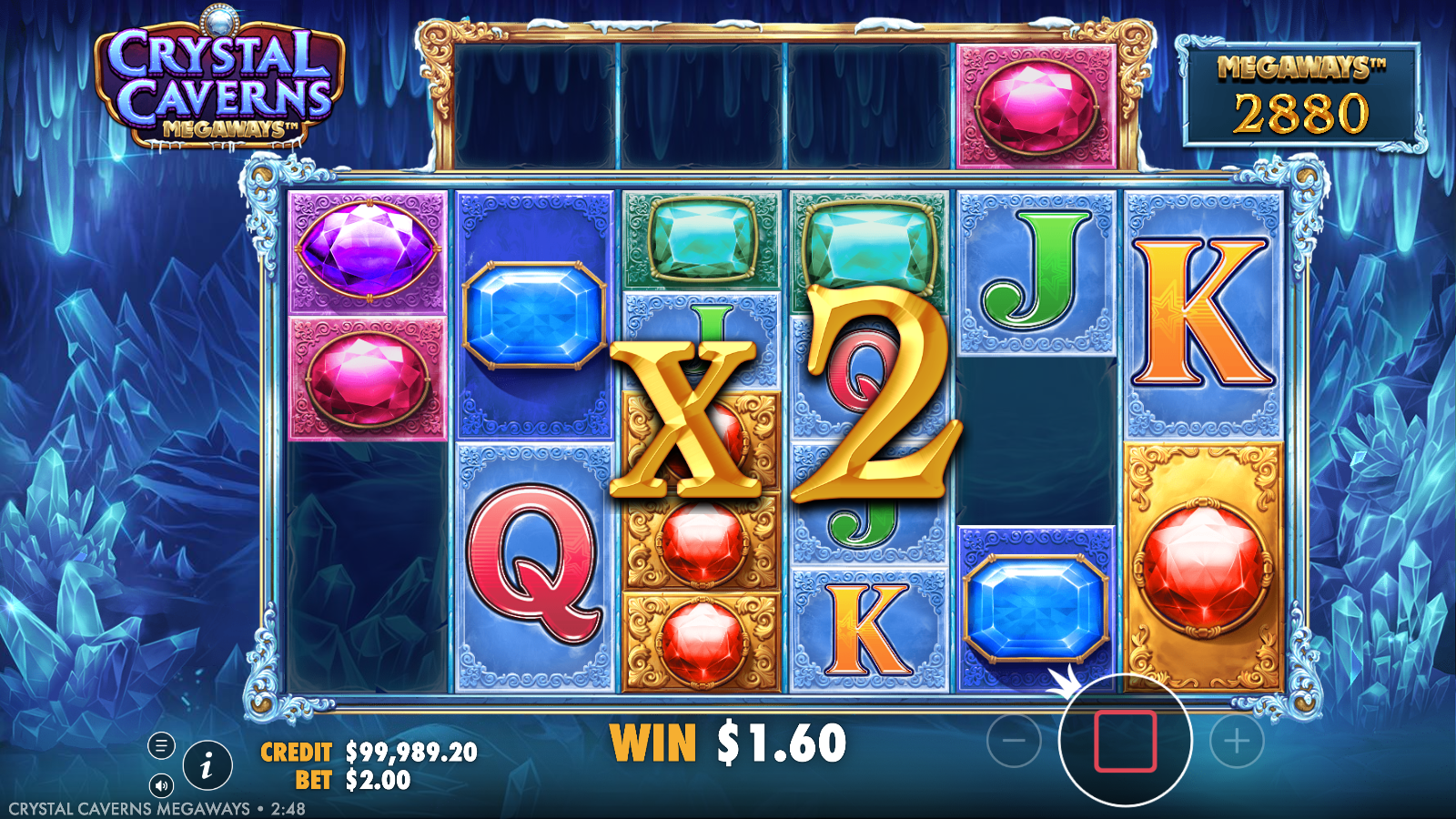 Progressive tumble multiplier rising to 2x during a cascade in Crystal Caverns Megaways
