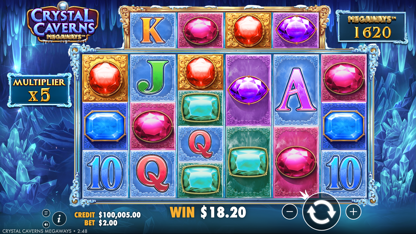 Tumble win with the progressive multiplier at 5x in Crystal Caverns Megaways