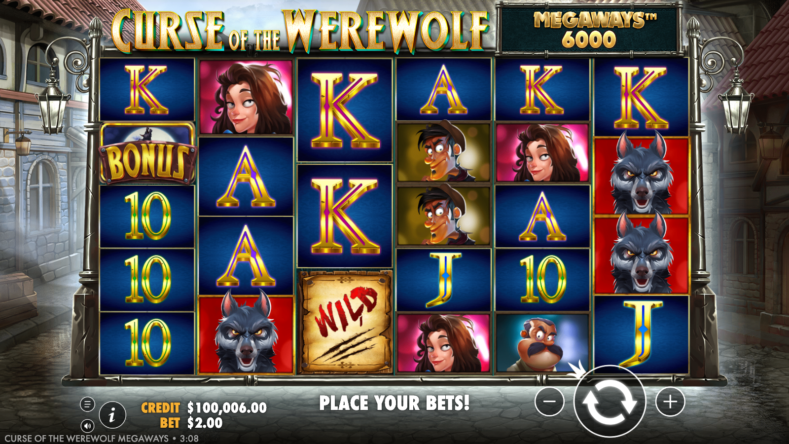 A Wild scroll, a Bonus scatter and Werewolf symbols on the Curse of the Werewolf Megaways reels