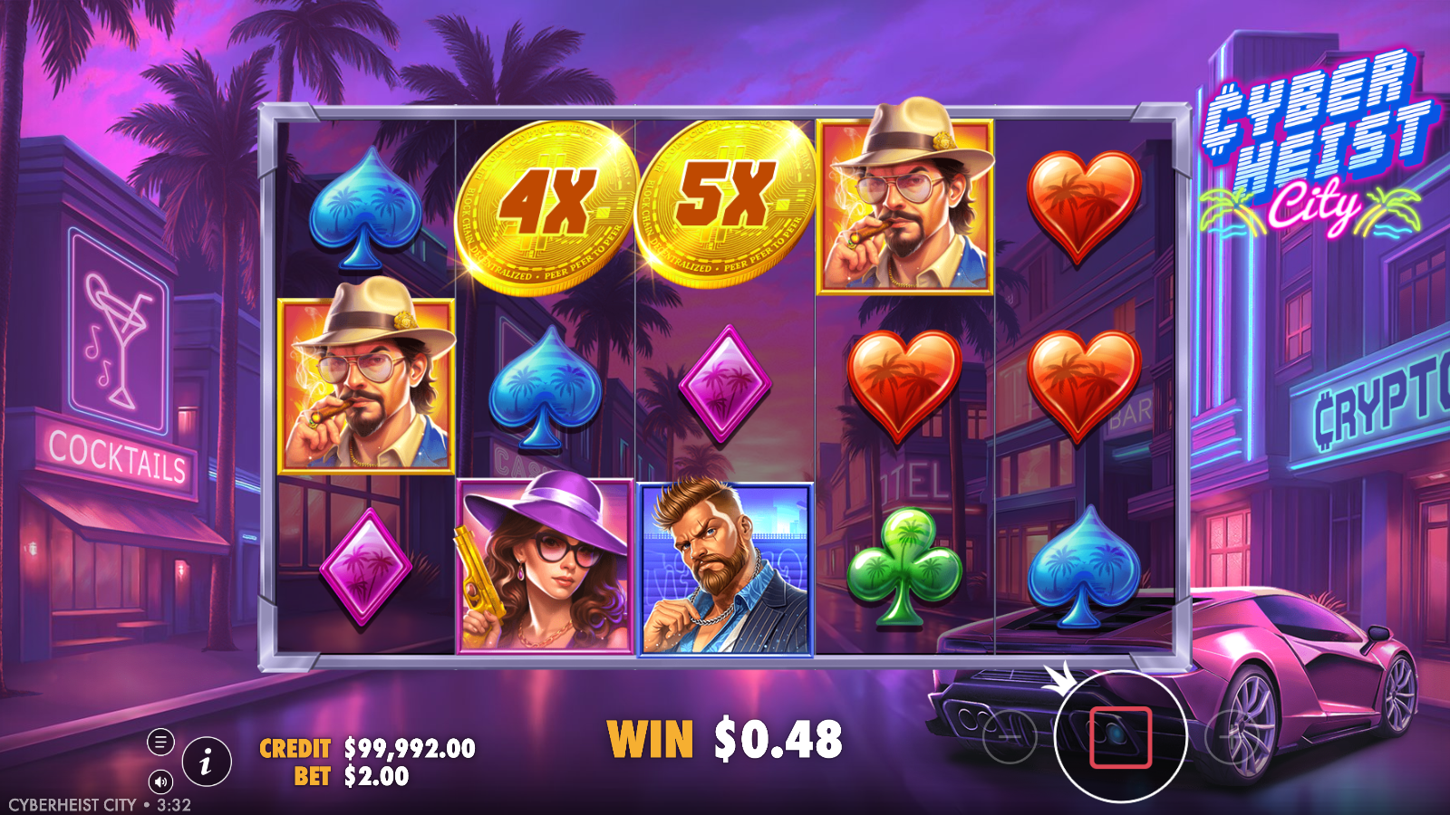 Two crypto coin wild multiplier symbols showing 4x and 5x on the reels
