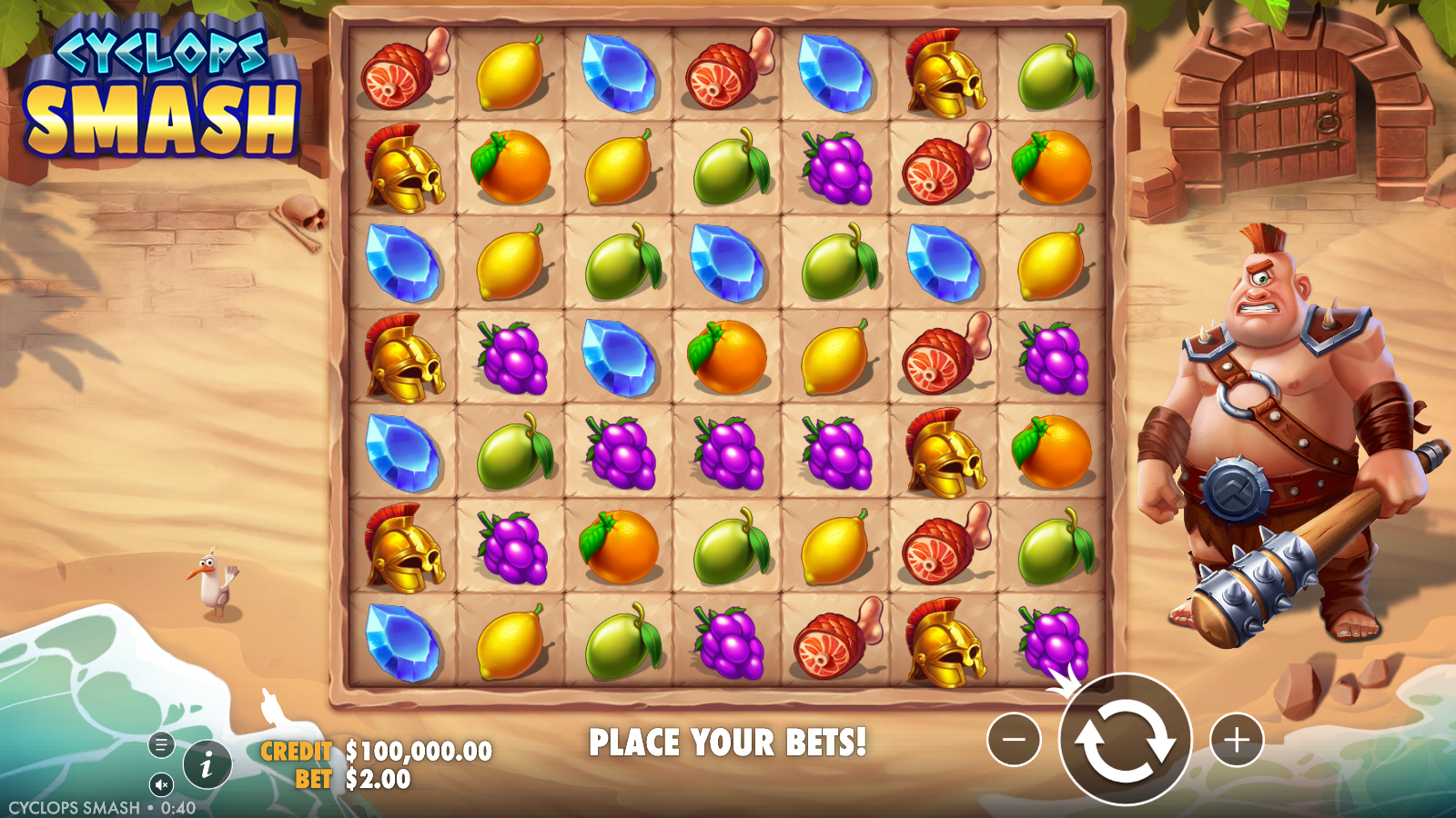 Cyclops Smash base game 7x7 cluster grid with fruit, gem and galea helmet symbols