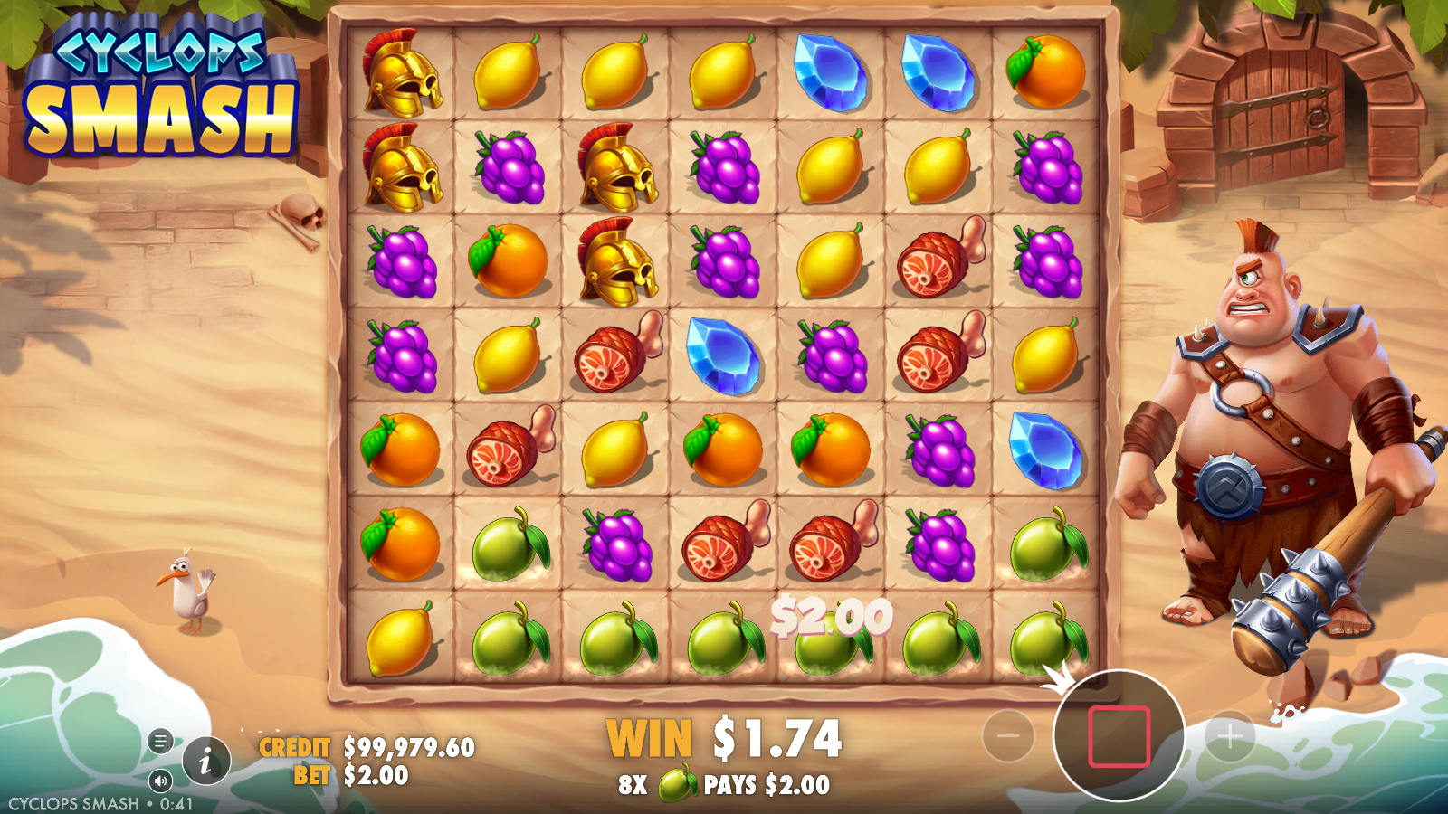 Cyclops Smash cluster win with an eight symbol lime cluster highlighted along the bottom rows