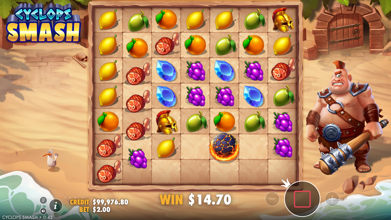 Cyclops Smash tumble in progress with cleared cells and a flaming lava rock scatter holding its position