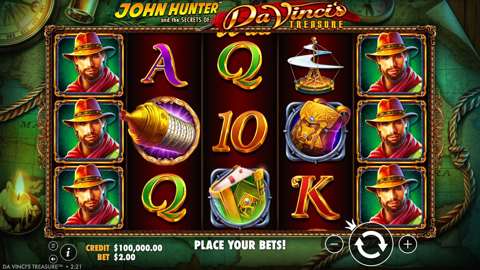 Da Vinci's Treasure base game grid, 5x3 reels with 25 paylines, John Hunter symbols stacked on reels 1 and 5