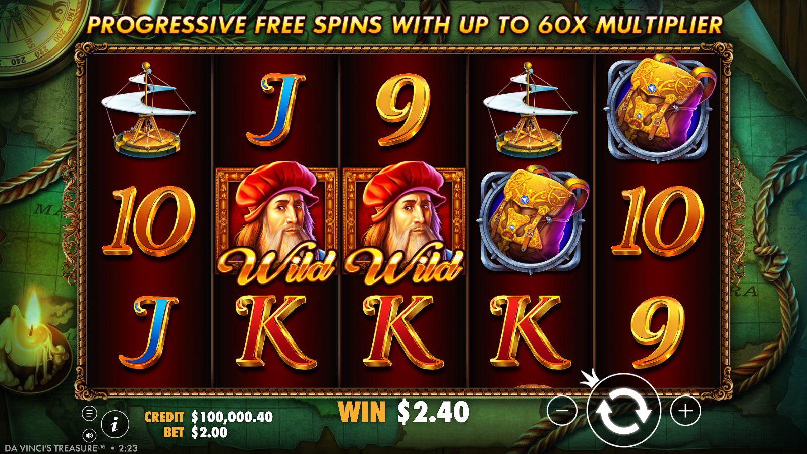 Two Leonardo Da Vinci Wild symbols landing on reels 2 and 3 in Da Vinci's Treasure, completing a payline win