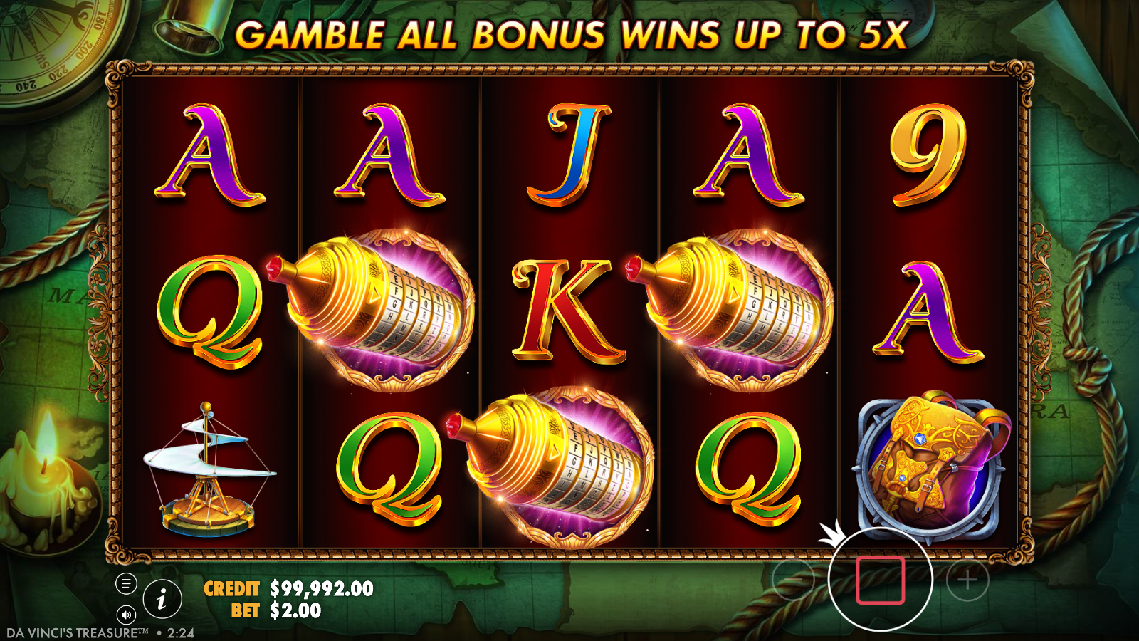 Three golden cryptex scatter symbols on reels 2, 3 and 4 triggering the bonus wheel in Da Vinci's Treasure