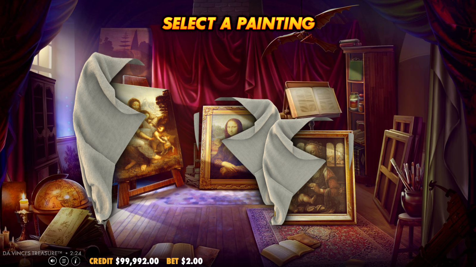 Prize Picker bonus in Da Vinci's Treasure, a studio room with three covered Da Vinci paintings and Select a Painting prompt