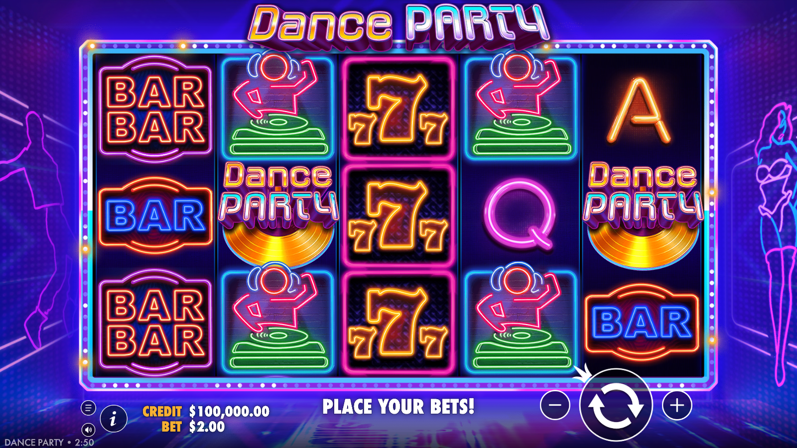 Dance Party base game 5x3 grid with 243 ways, neon DJ, 777 and BAR symbols