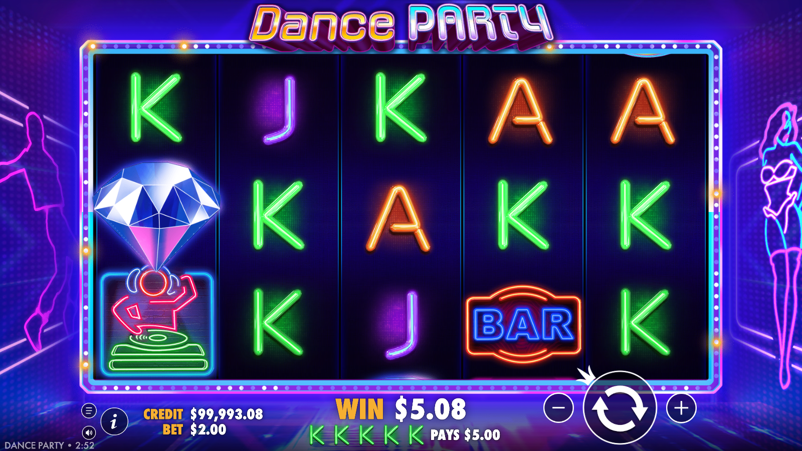 Dance Party five of a kind K win paying across 243 ways with a diamond scatter on reel one