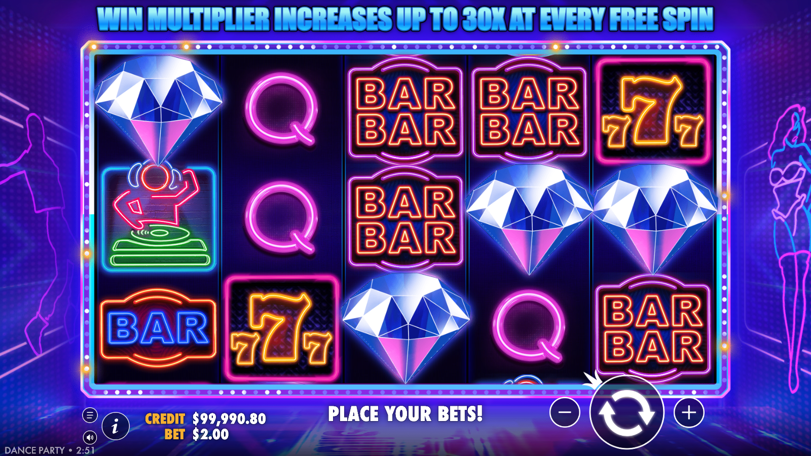 Three diamond scatters on the Dance Party reels, close to the Progressive Multiplier Free Spins trigger