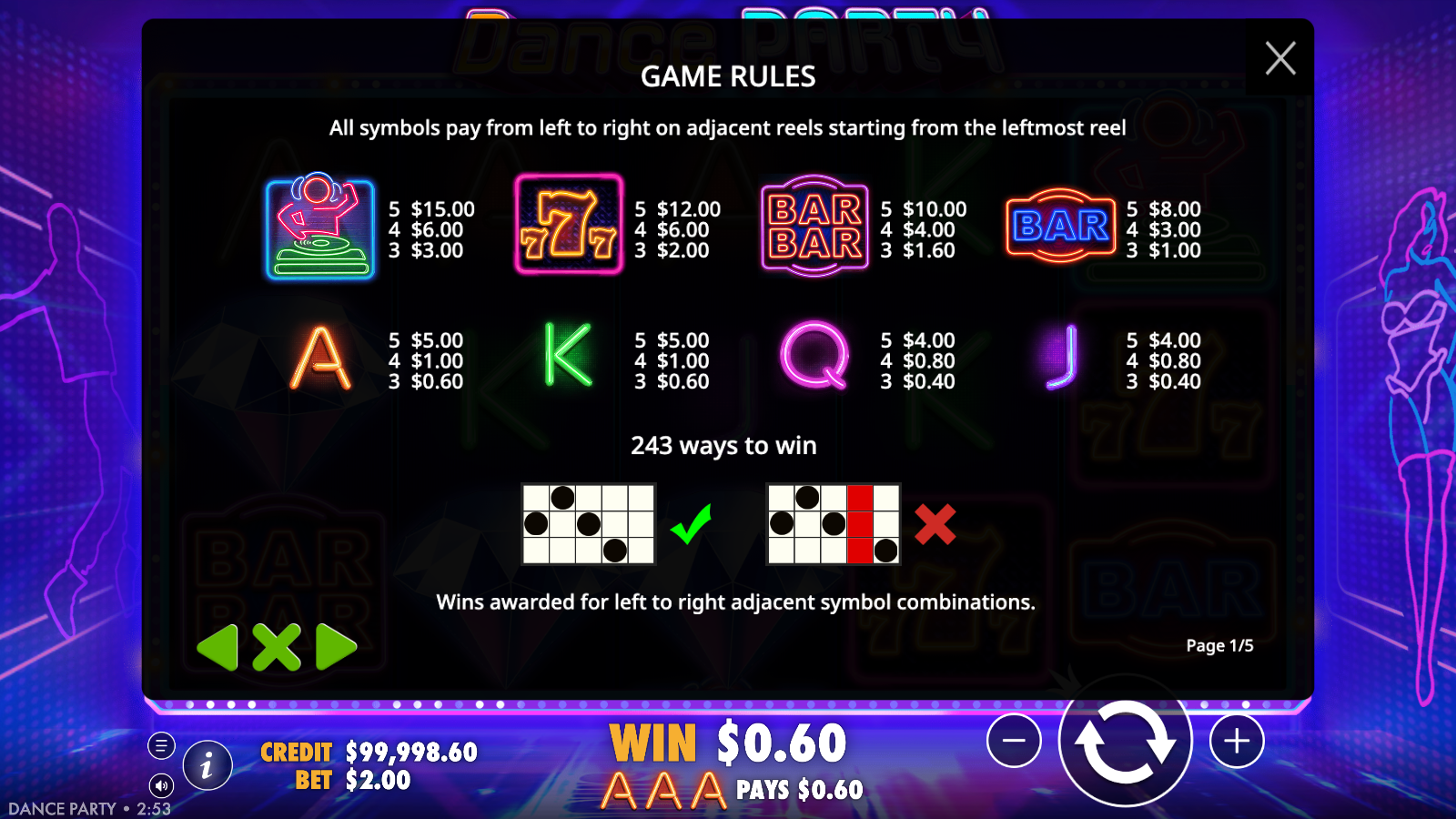 Dance Party in game paytable showing symbol values and the 243 ways diagram