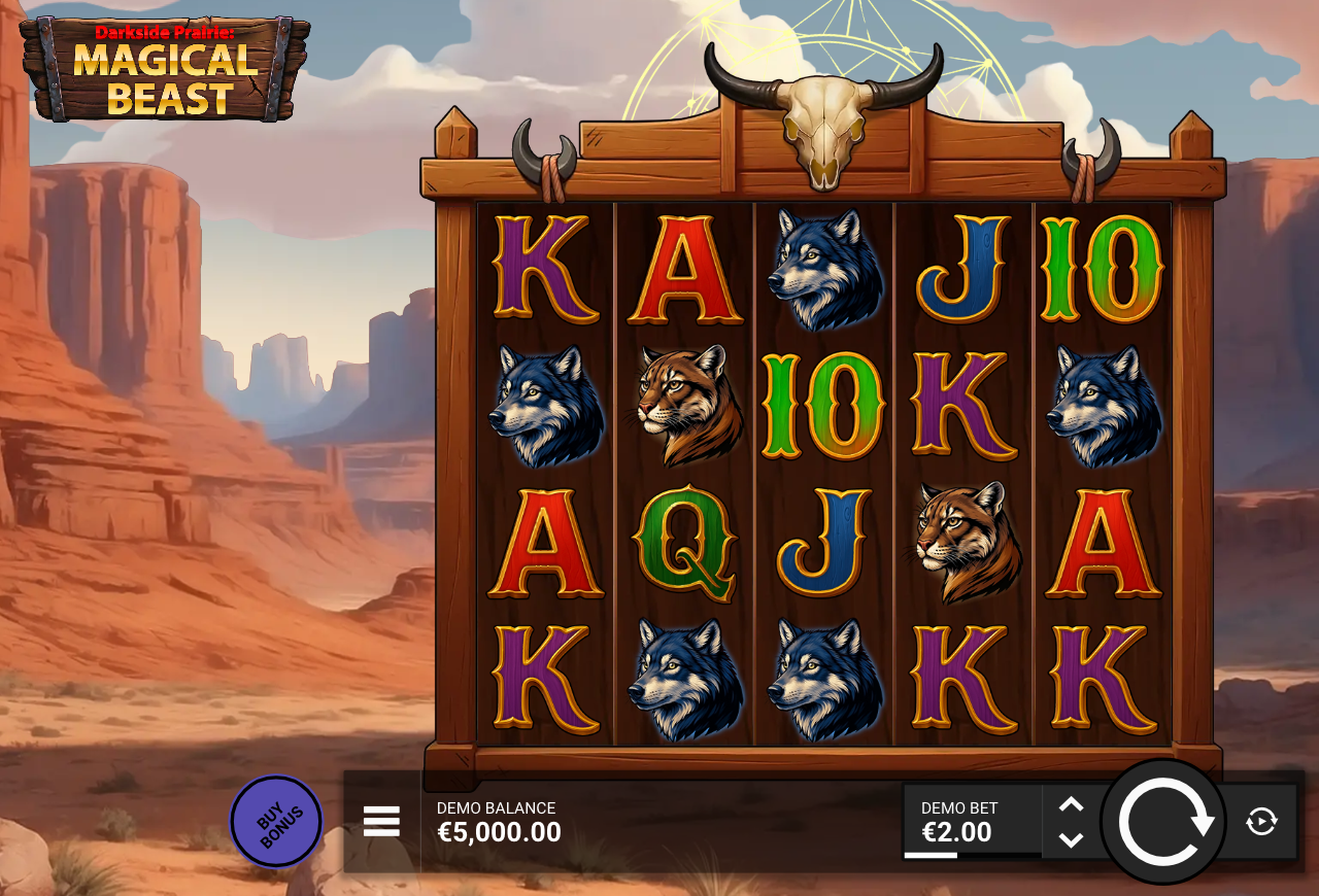 Darkside Prairie Magical Beast base game grid showing the 5-reel layout with buffalo and prairie iconography