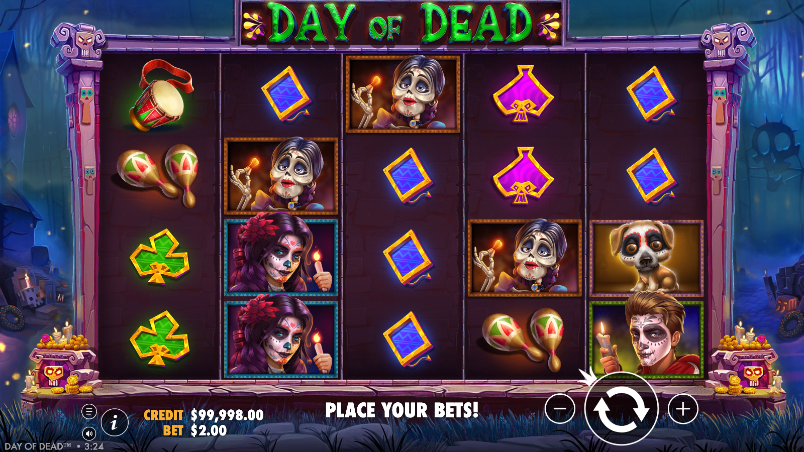 Day of Dead base game showing the full 5x4 grid with senorita, puppy and card suit symbols