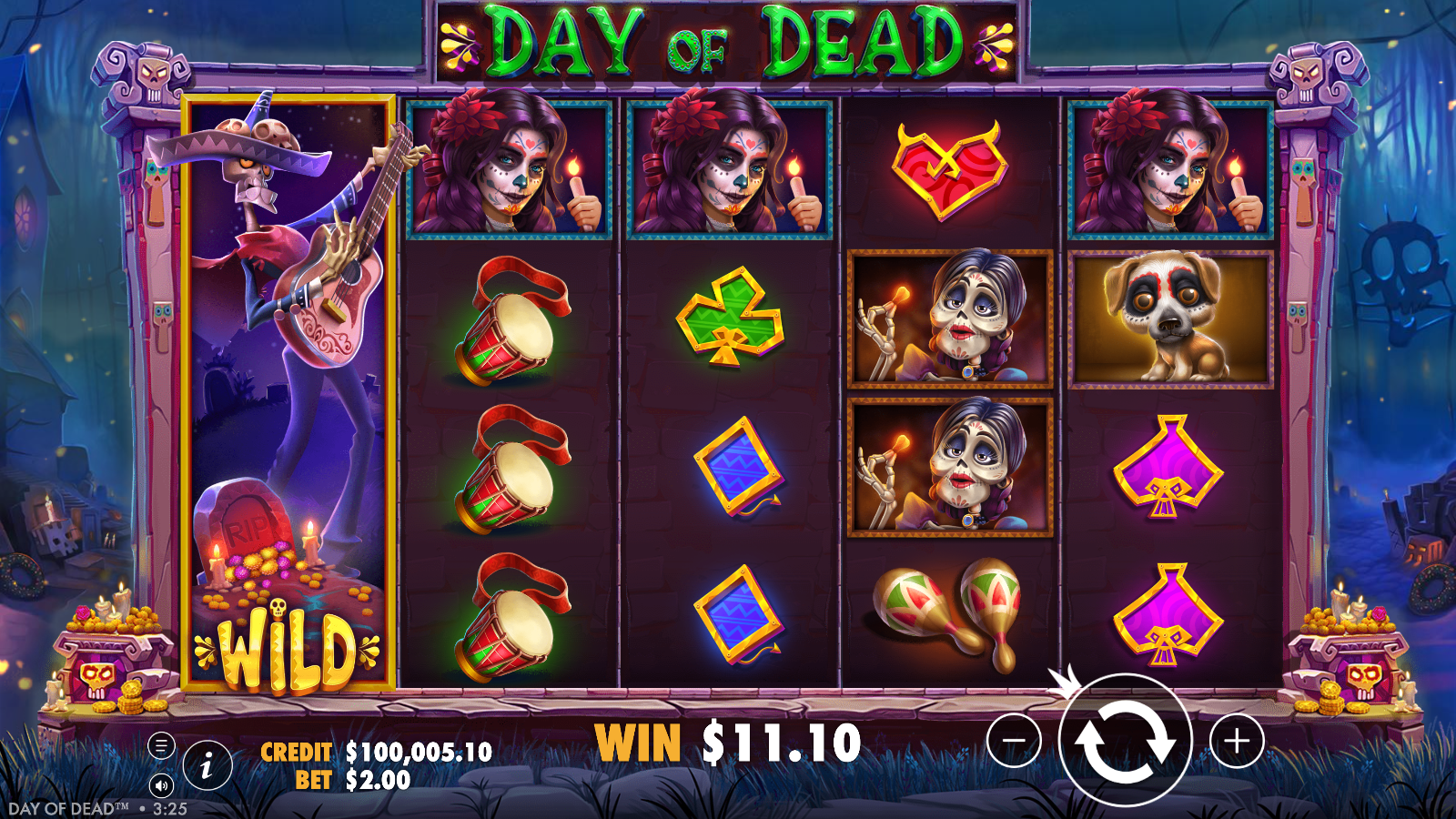 Walking Wild mariachi skeleton covering the entire first reel in Day of Dead as a win lands