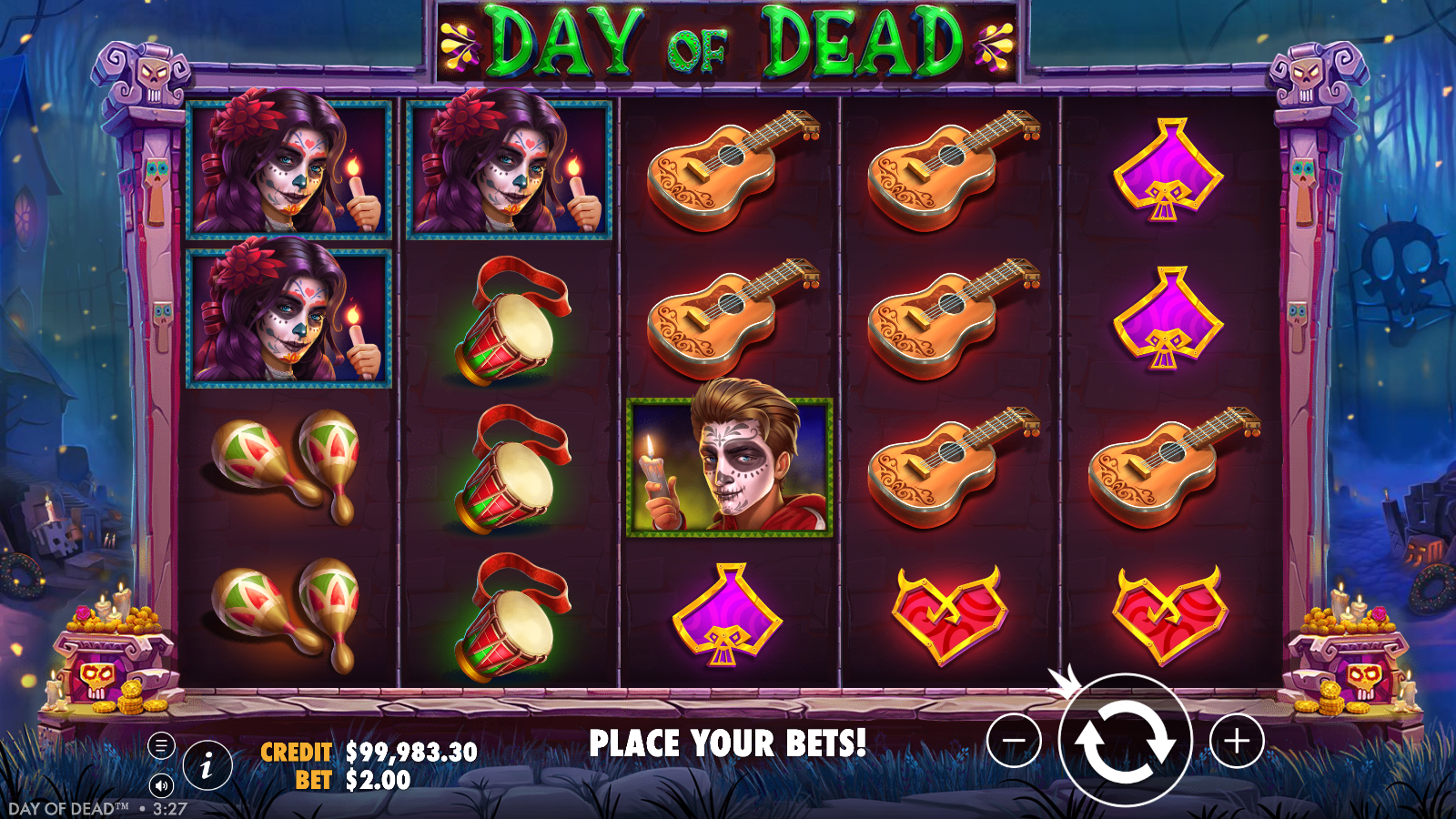 Day of Dead line win with three senora symbols highlighted on line 5