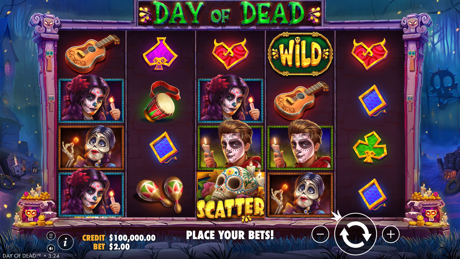 Day of Dead base grid with a Wild symbol on reel four and a sugar skull scatter on reel three