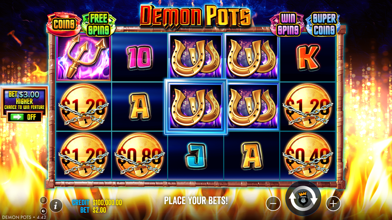 Demon Pots base game showing the 5x3 grid with the four pots above the reels and chained coin symbols