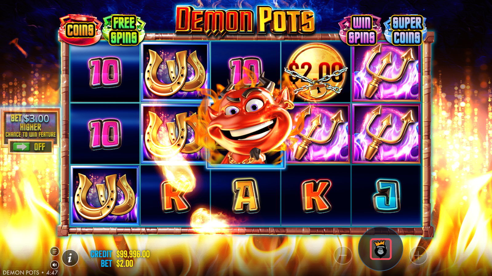 Demon Wild character landing in the centre cell of Demon Pots and throwing a fireball at the pots