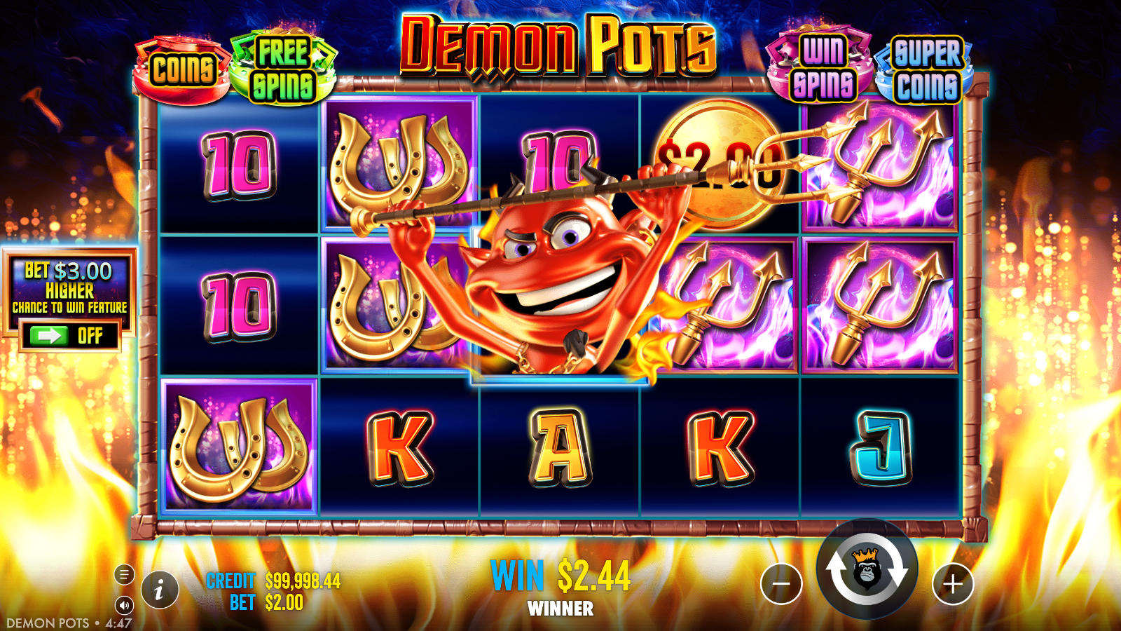 Demon Wild collecting a chained coin with his trident in Demon Pots