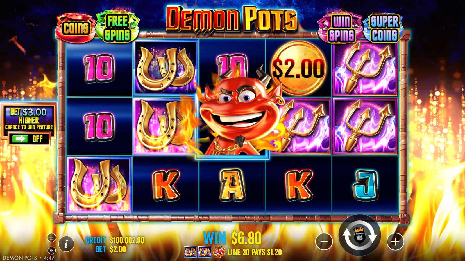 Resolved Demon Pots spin with the Demon Wild in view, an unchained coin and the line win readout