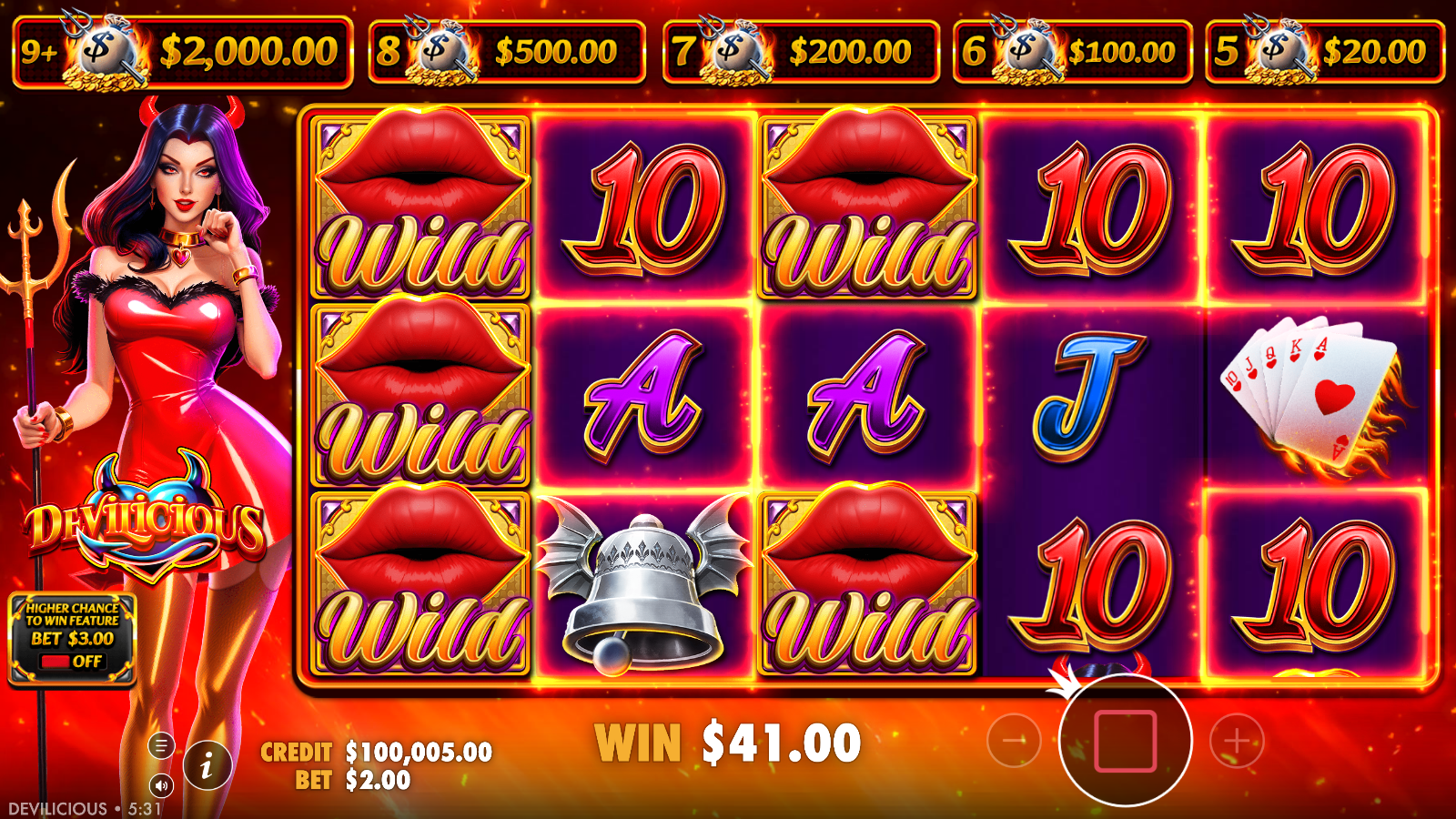 Devilicious golden Wild respin result, seven hot-lips Wilds locked on the reels and a A$41 win