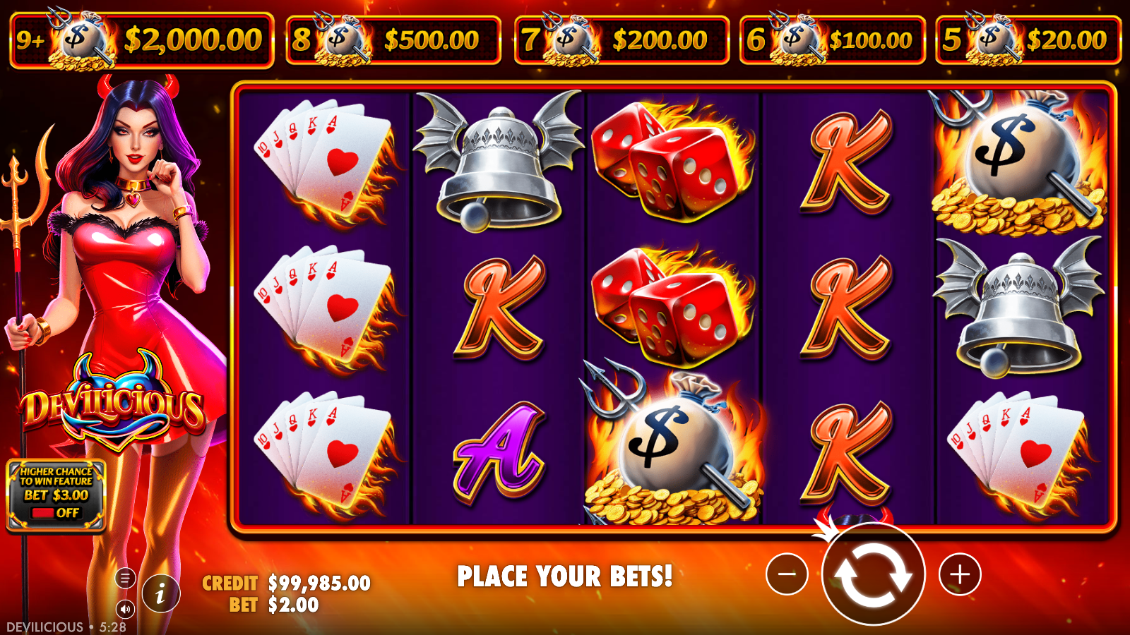 Devilicious base game with two flaming moneybag money symbols on the reels