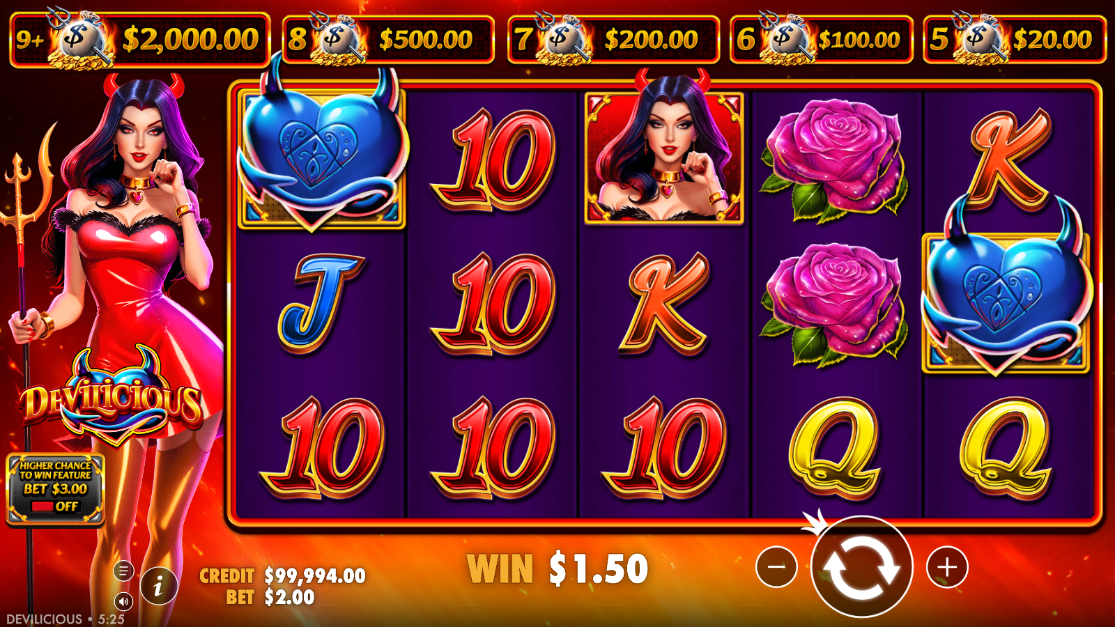 Devilicious line win with two blue horned-heart scatters on the reels