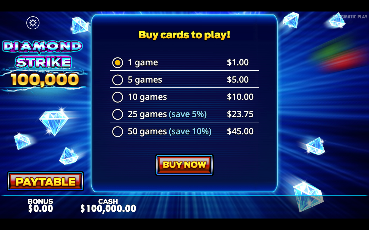 A freshly bought Diamond Strike 100,000 scratchcard buy menu showing single cards and bundle prices on a blue diamond background with the Diamond Strike 100,000 logo and paytable button