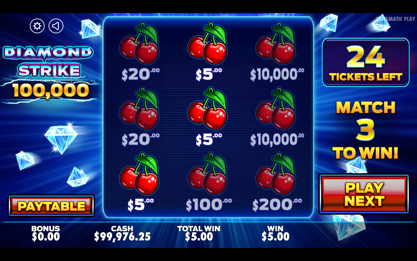 The Diamond Strike 100,000 scratchcard fully revealed with a 3 by 3 grid of cherry and fruit panels showing cash values and the match three to win goal with tickets left on the right