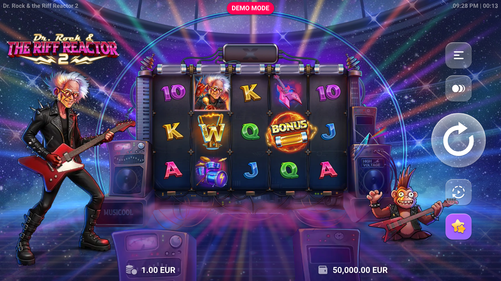 Dr. Rock & the Riff Reactor 2 base game in idle state, 5×3 grid framed by a guitar amplifier flight case, with Dr. Rock at left and the rockstar monkey sidekick at right