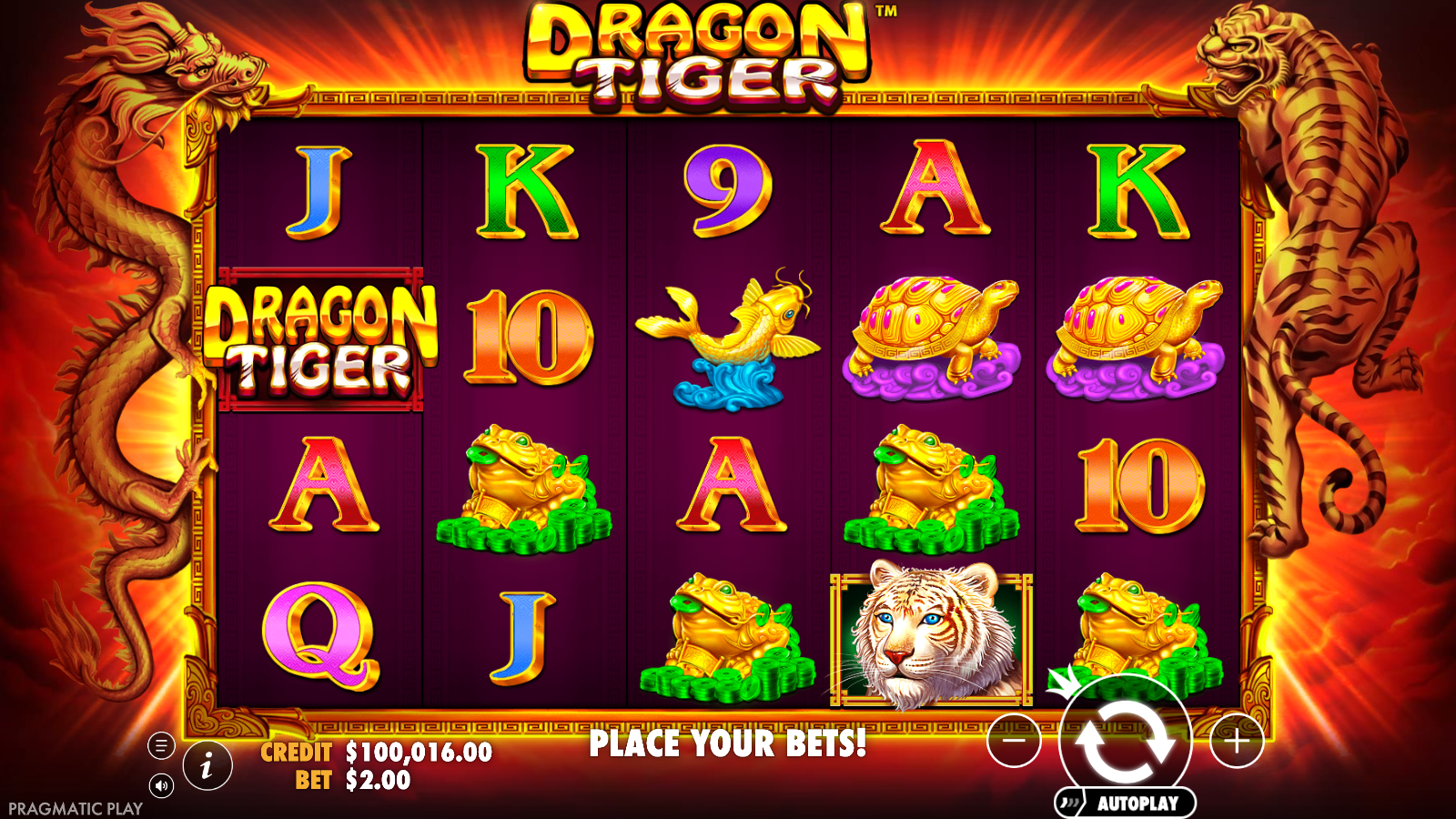 Dragon Tiger base game grid, five reels by four rows, gold dragon and tiger frame, total bet A$2.00.