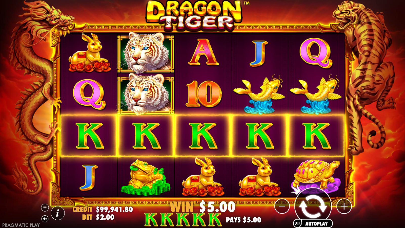 Dragon Tiger base game win with five K symbols lit across all five reels and a A$5.00 payout shown in the footer.