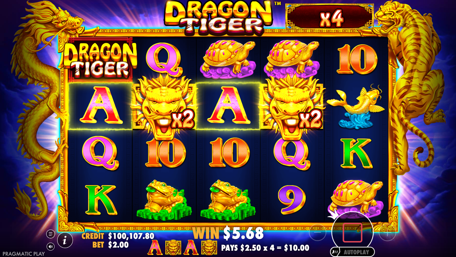 Dragon Tiger free spins with two x2 wilds on reels 2 and 4 and an x4 multiplier plaque above the grid.