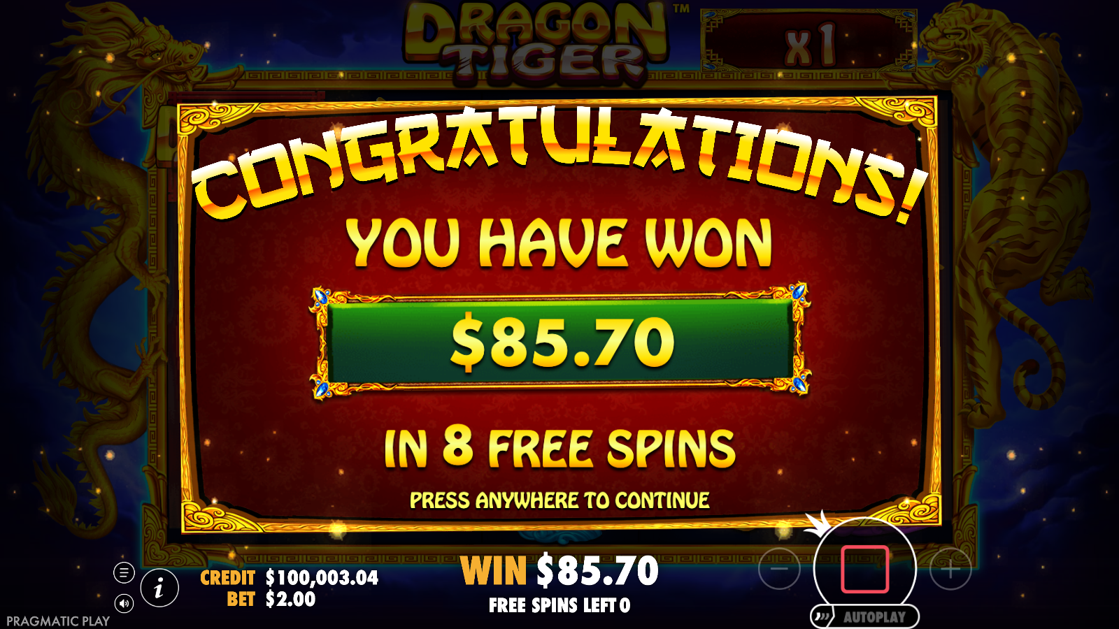 Dragon Tiger free spins result card showing A$85.70 won in 8 free spins.