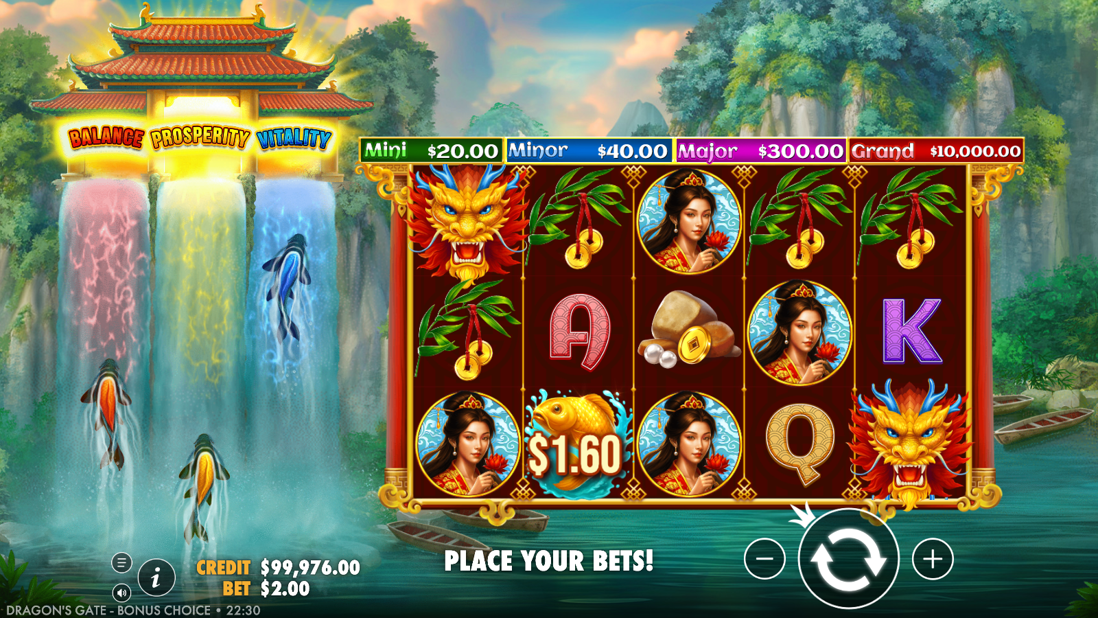 Dragon's Gate Bonus Choice base game grid showing the three modifier waterfalls and the four-tier jackpot ladder