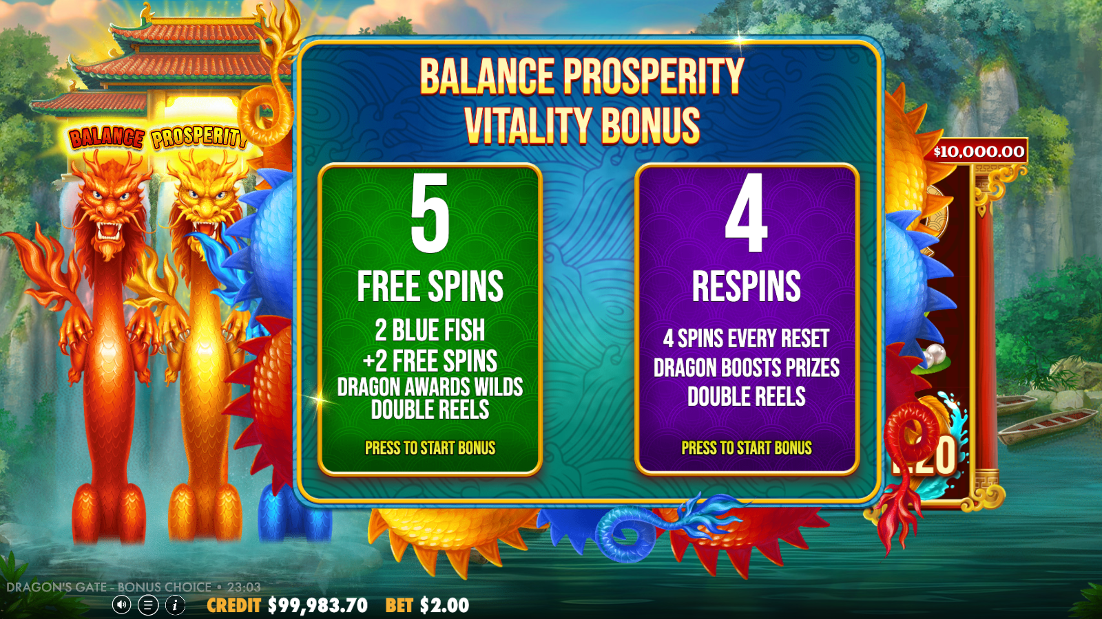The Bonus Choice pick screen with Free Spins and Respins options and all three dragon modifiers stacked