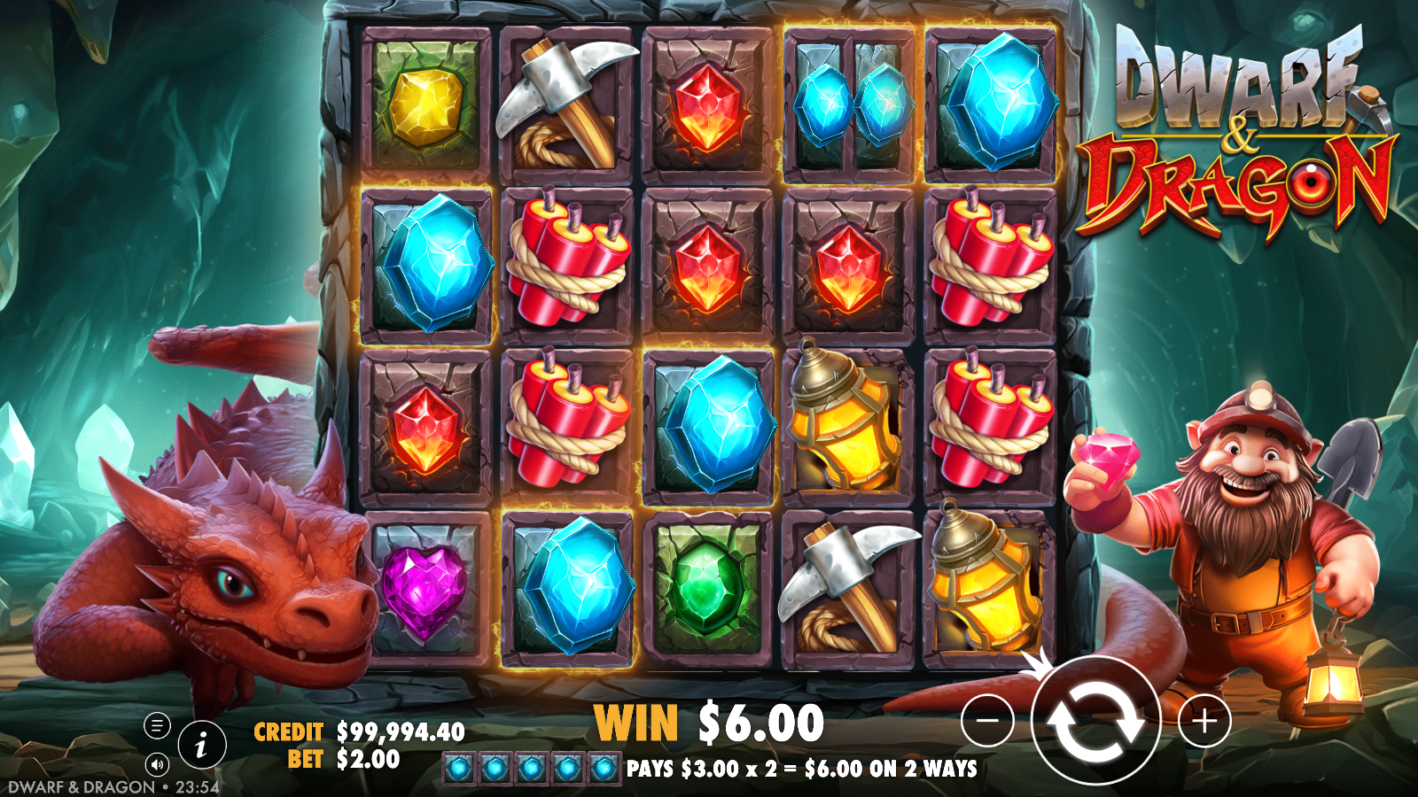 Five of a kind blue gem win with a split symbol doubling the payout in Dwarf and Dragon