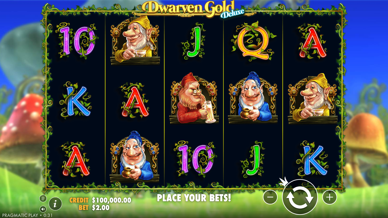 Dwarven Gold Deluxe base game showing the 5 by 3 grid with 25 lines, dwarf symbols in vine framed windows and the mushroom village backdrop