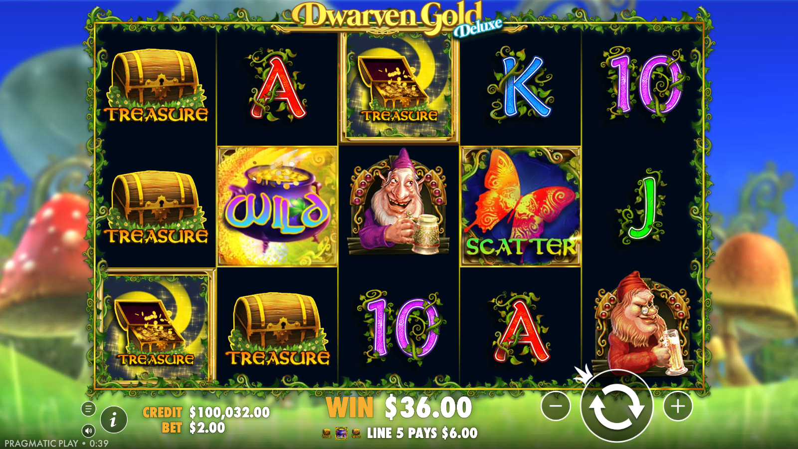 Dwarven Gold Deluxe line win with the pot of gold Wild substituting into a Treasure chest combination for an A$36.00 win